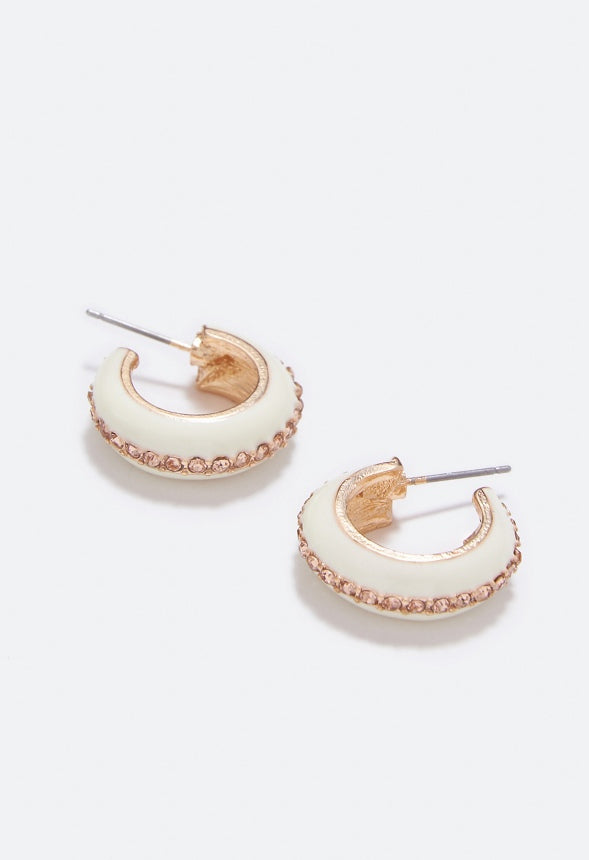 Emme Enamel Rhinestone Hoop Earrings Cream/Gold