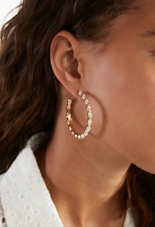 Georgia Navette Pearl Hoop Earrings  Gold