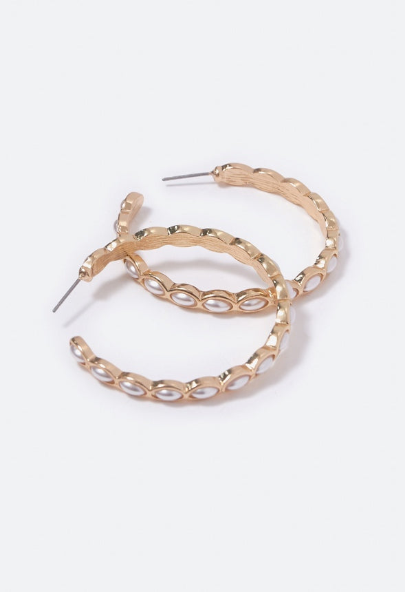 Georgia Navette Pearl Hoop Earrings  Gold