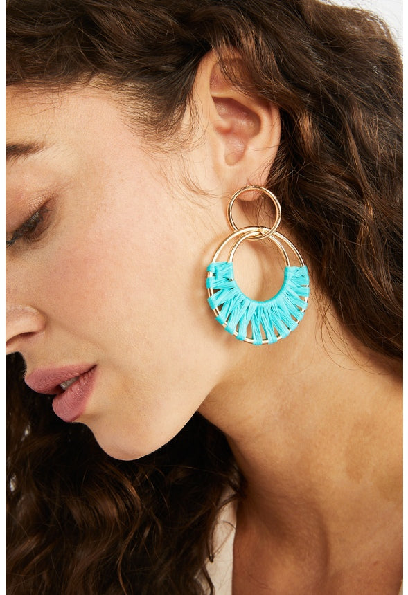 Aliza Raffia Wrapped Rings Drop Earring  Teal/Gold