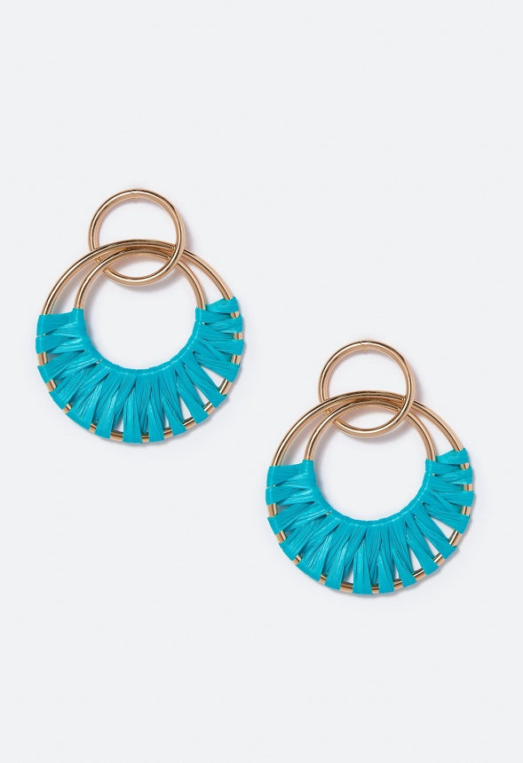 Aliza Raffia Wrapped Rings Drop Earring  Teal/Gold
