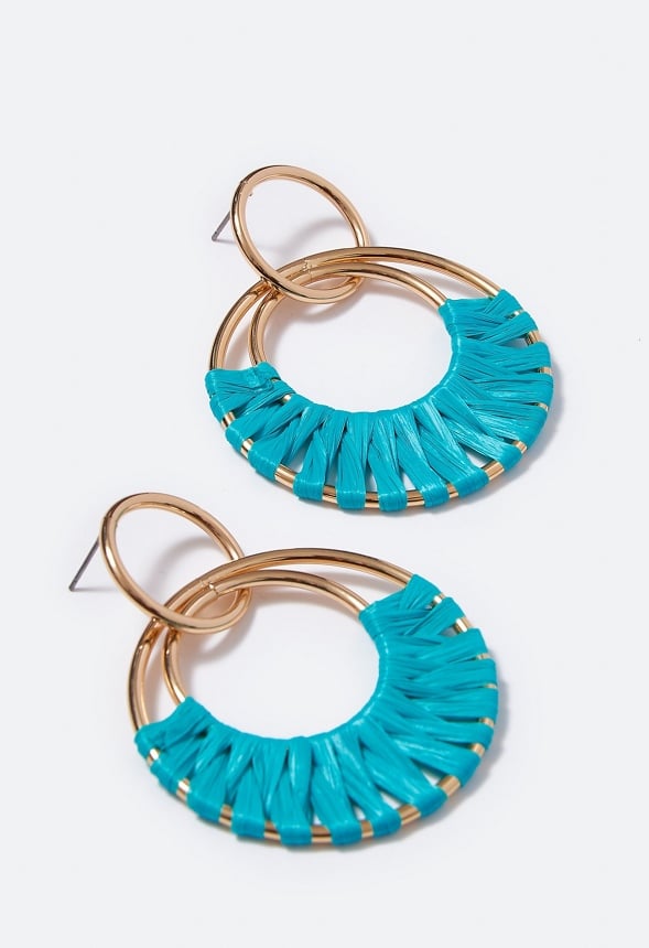 Aliza Raffia Wrapped Rings Drop Earring  Teal/Gold