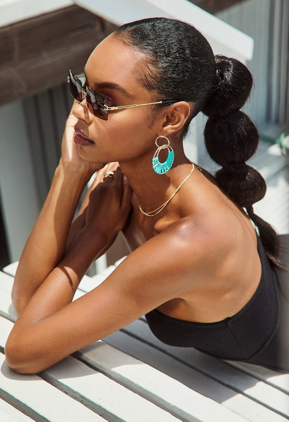 Aliza Raffia Wrapped Rings Drop Earring  Teal/Gold