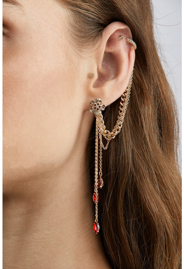 Angel Linked Flower and Navette Earcuff Red/Gold