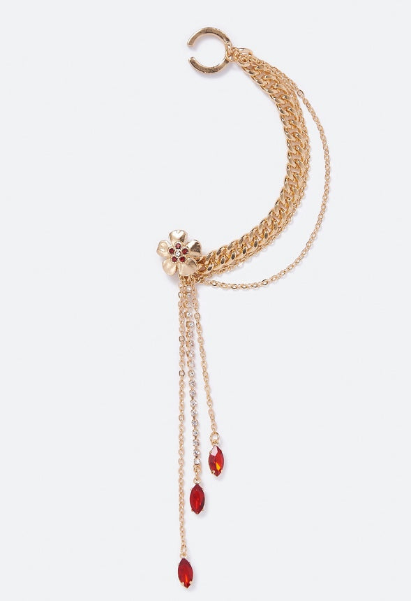 Angel Linked Flower and Navette Earcuff Red/Gold