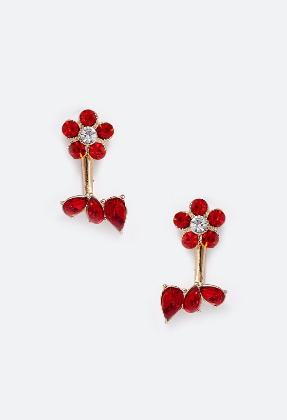 Alora Flower and Navette Front and Back Stud  Red/Gold