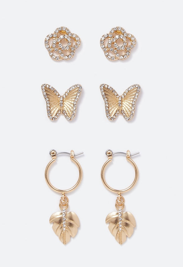 Daphne Butterfly and Leaf Mix Earring Multipack  Gold