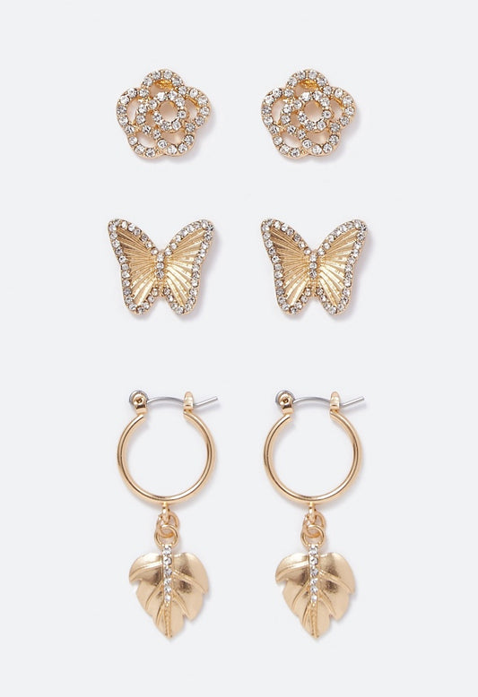 Daphne Butterfly and Leaf Mix Earring Multipack  Gold