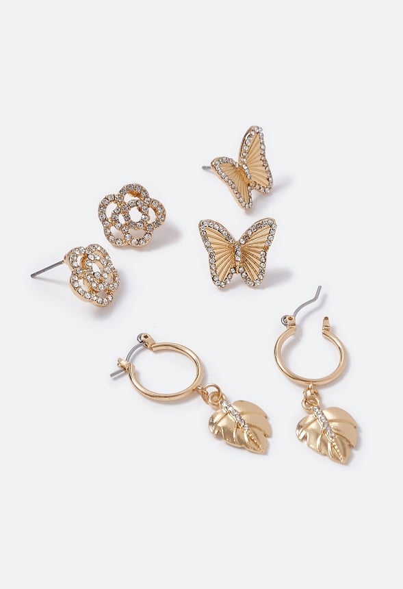 Daphne Butterfly and Leaf Mix Earring Multipack  Gold