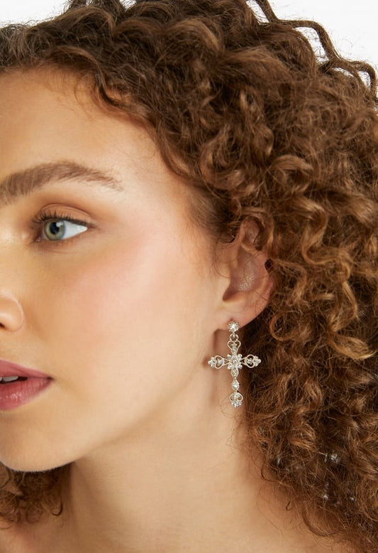 Allie Filigree Cross Drop Earring Crystal/Silver