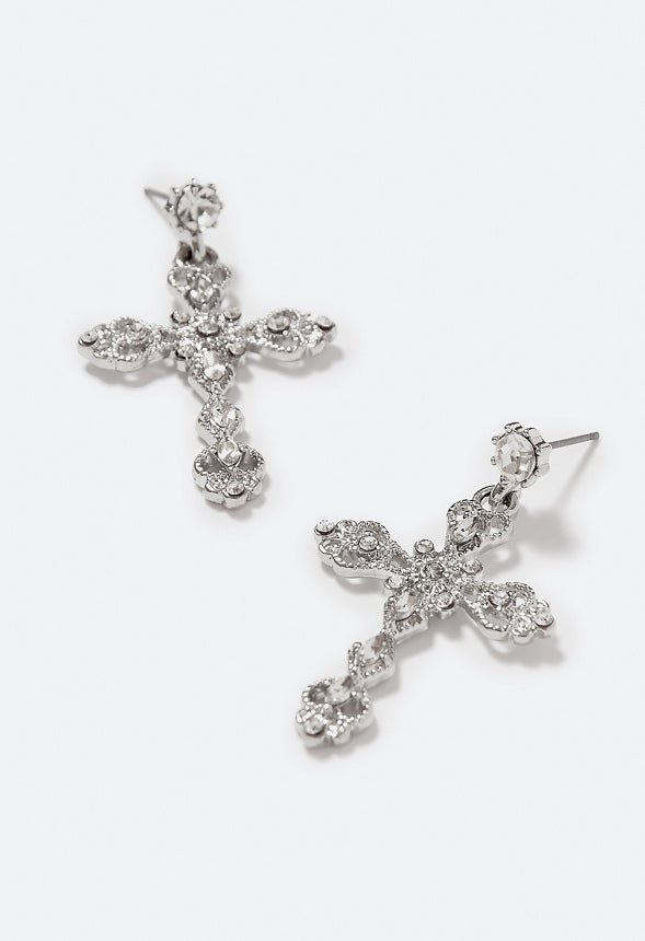 Allie Filigree Cross Drop Earring Crystal/Silver