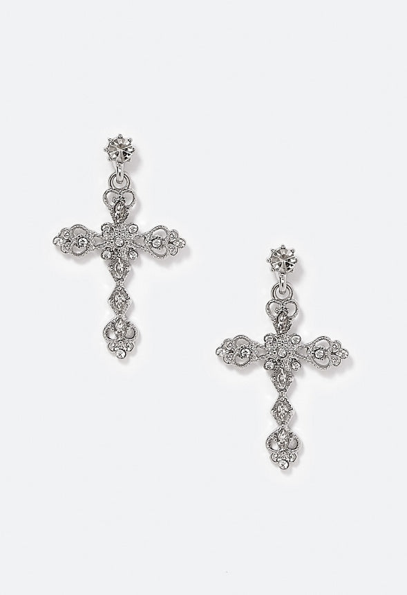 Allie Filigree Cross Drop Earring Crystal/Silver