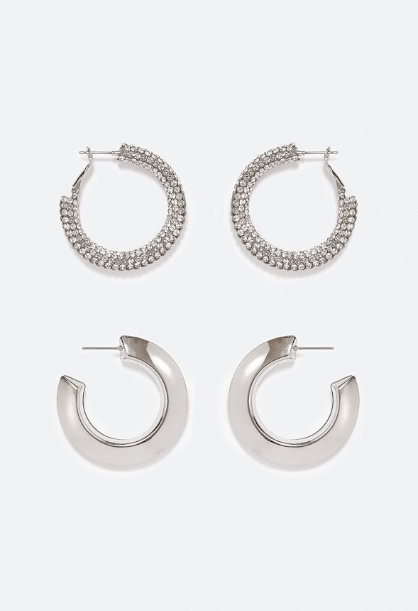 Jane 2 Pair Pack Hoop Earrings Crystal/ Silver