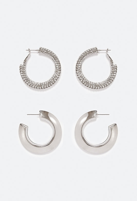 Jane 2 Pair Pack Hoop Earrings Crystal/ Silver