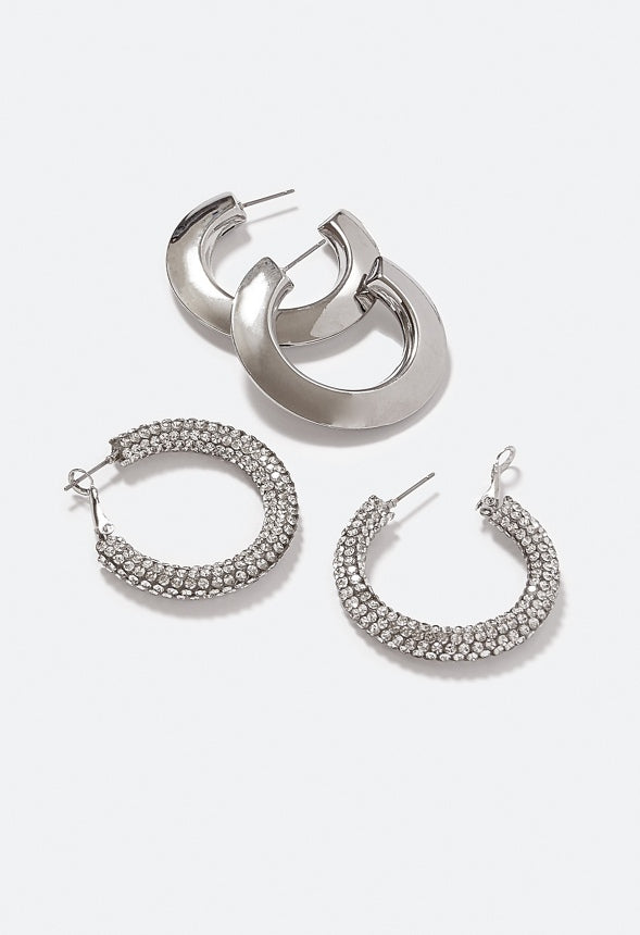 Jane 2 Pair Pack Hoop Earrings Crystal/ Silver