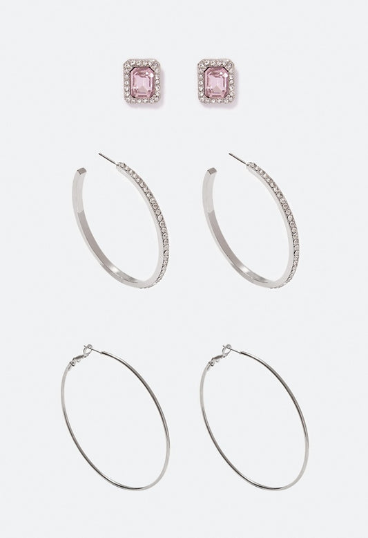 Taylor Mixed 3 Pair Pack Hoop Earrings Pink/ Silver