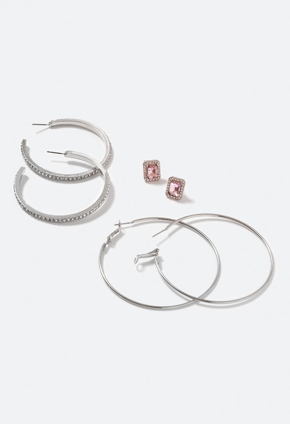 Taylor Mixed 3 Pair Pack Hoop Earrings Pink/ Silver
