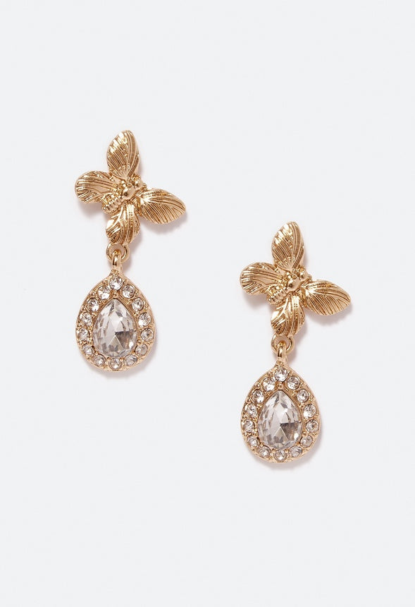 Aarna Butterfly & Teardrop Earrings Crystal/ Gold