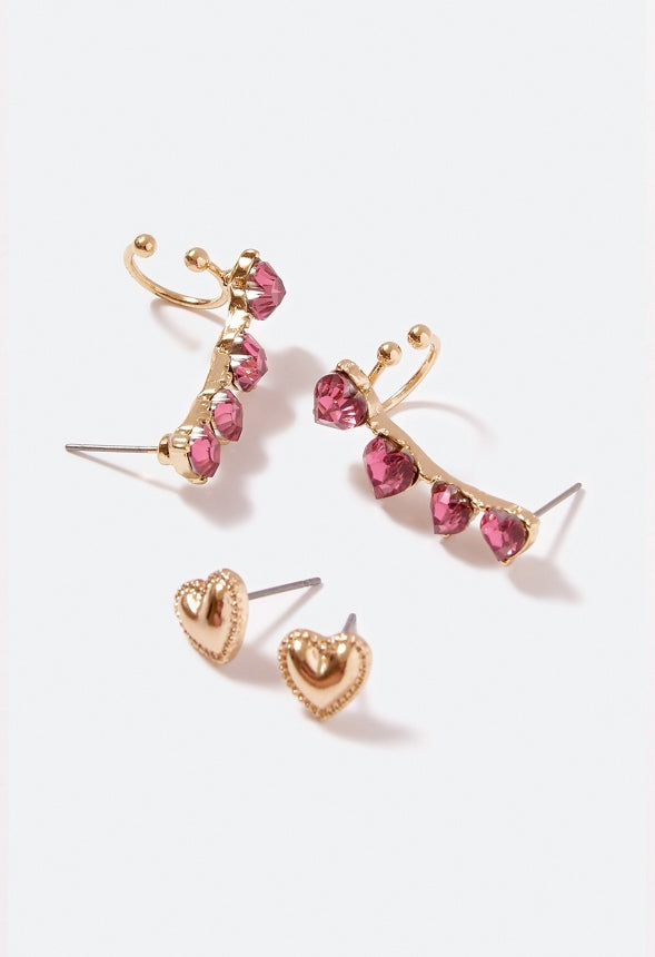 Zoie 2 Pair Glass Heart Earparty Pink/ Gold
