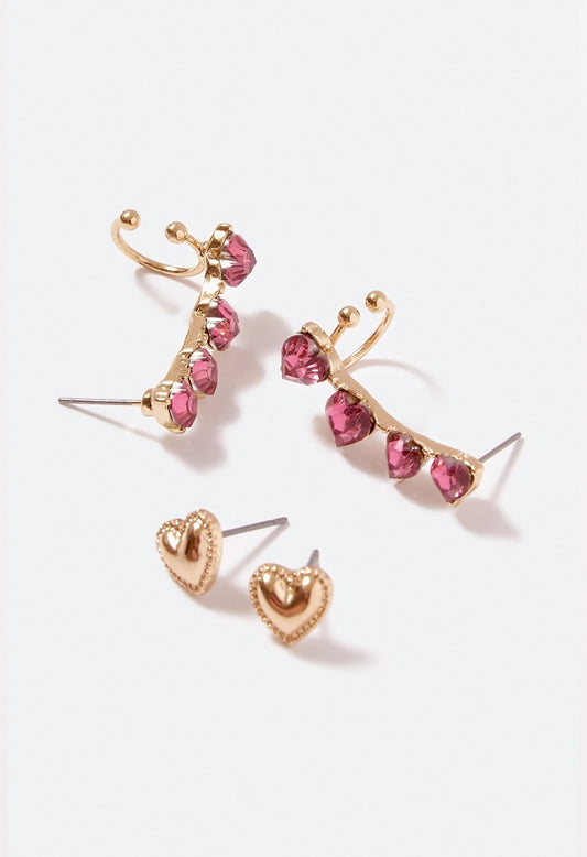 Zoie 2 Pair Glass Heart Earparty Pink/ Gold