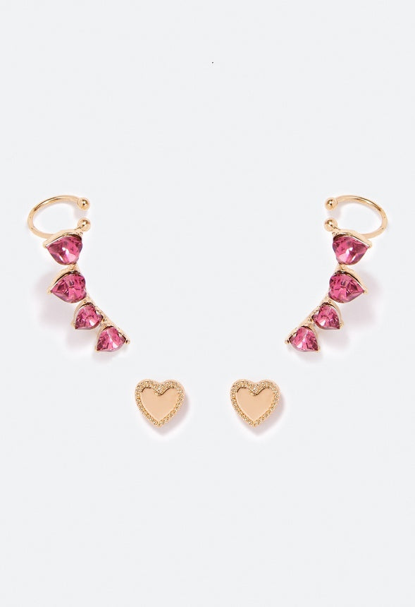 Zoie 2 Pair Glass Heart Earparty Pink/ Gold