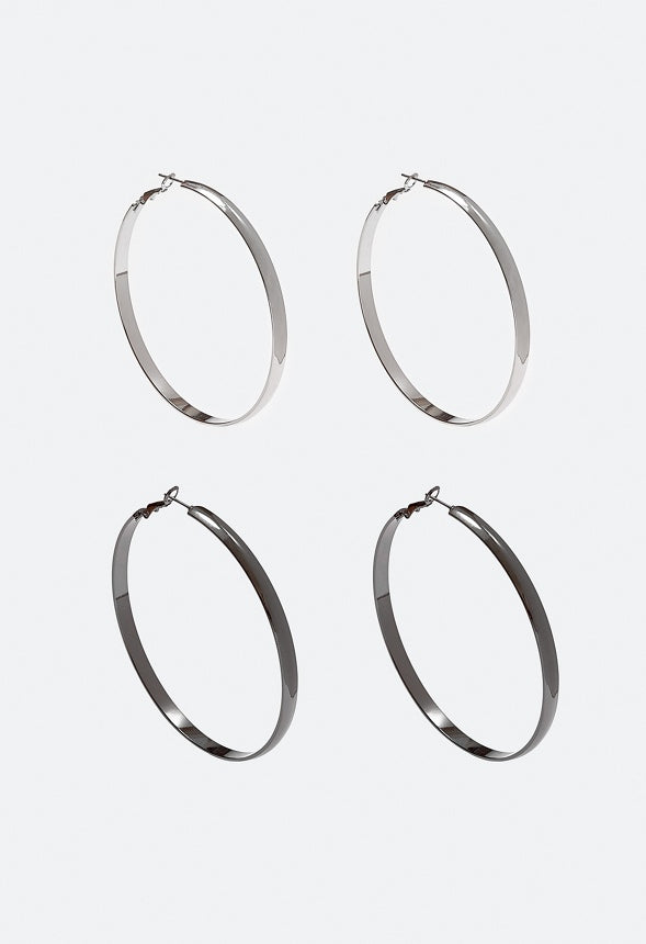 Raquel 2 Pair Pack Oversized Hoop Earrings Rho/ Gunmetal