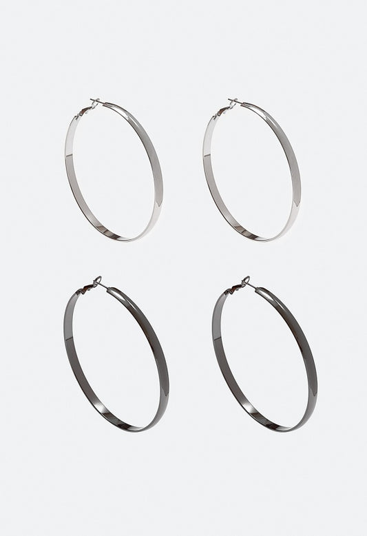 Raquel 2 Pair Pack Oversized Hoop Earrings Rho/ Gunmetal