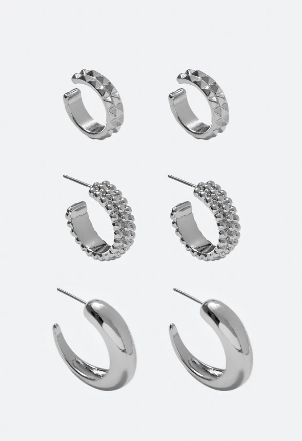 Luisa Boho 3 Pair Pack Hoop Earrings Silver
