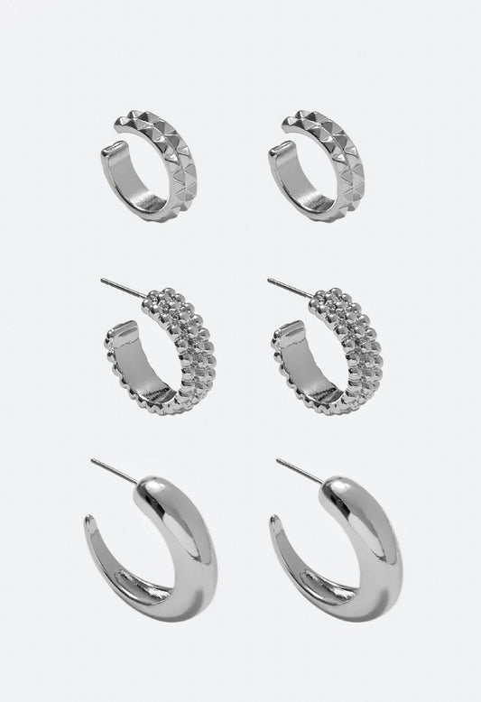 Luisa Boho 3 Pair Pack Hoop Earrings Silver