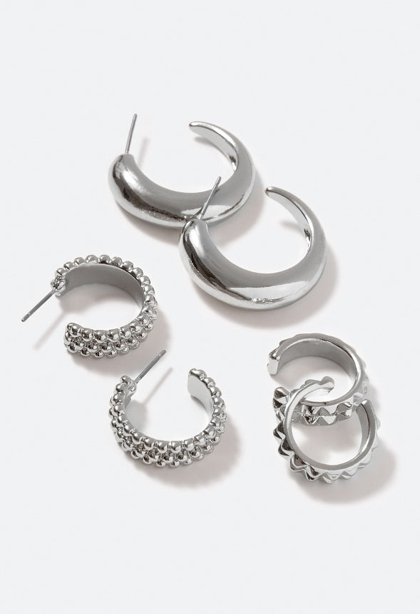 Luisa Boho 3 Pair Pack Hoop Earrings Silver