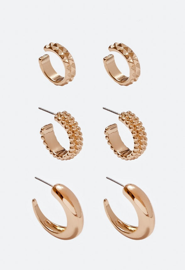 Luisa Boho 3 Pair Mixed Hoops and Earcuff Set Gold