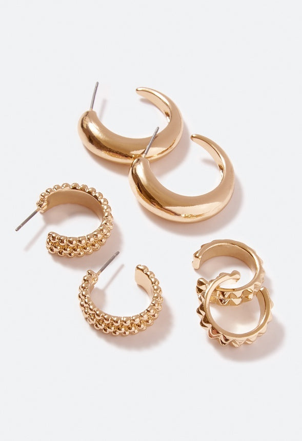 Luisa Boho 3 Pair Mixed Hoops and Earcuff Set Gold