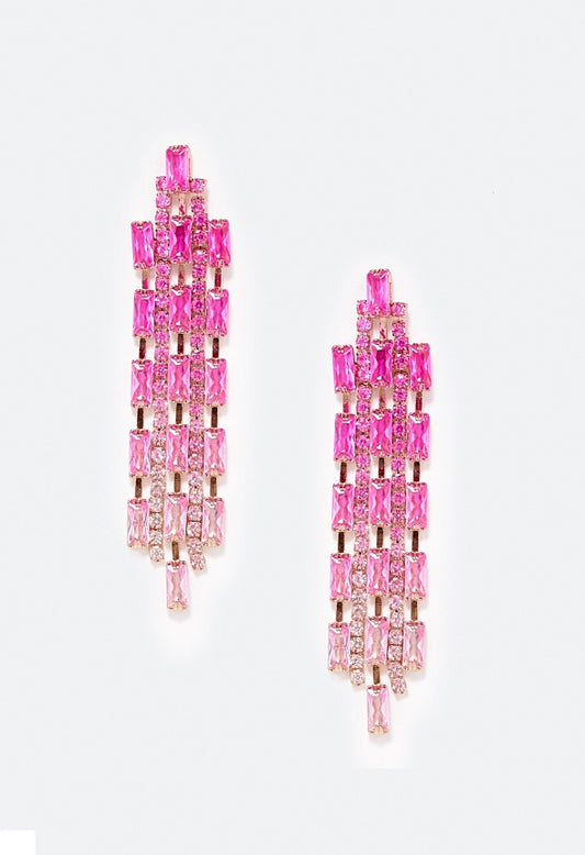 Sky Cubic Zirconia Baguette Drop Earrings Pink/ Gold