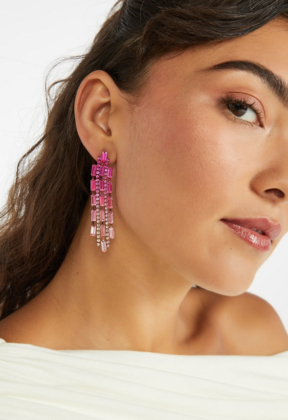 Sky Cubic Zirconia Baguette Drop Earrings Pink/ Gold