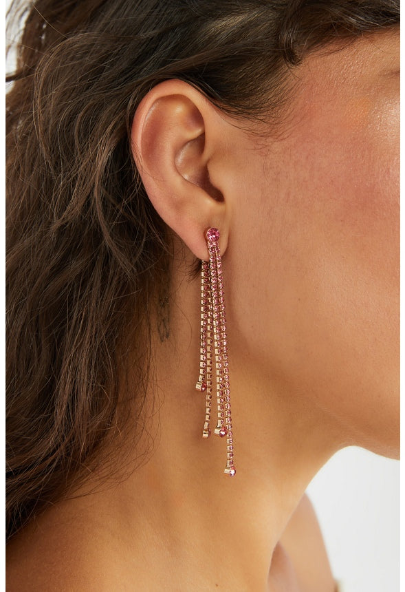India Rhinestone Strand Earrings  Pink/ Gold