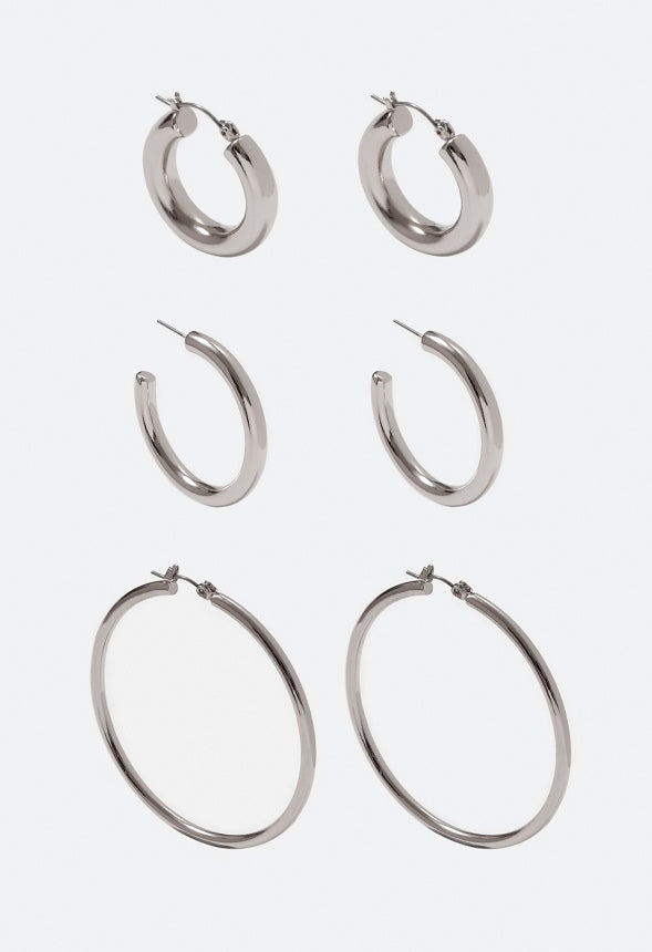 3-Pair Pack Zara Smooth Hoop Earrings Silver