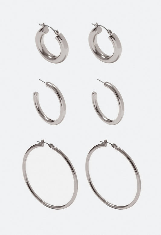 3-Pair Pack Zara Smooth Hoop Earrings Silver
