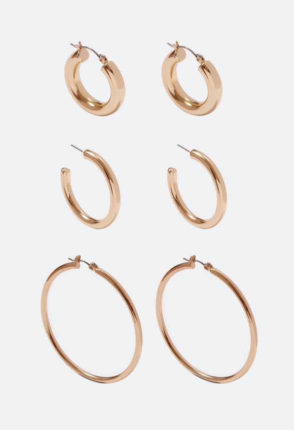 3-Pair Pack Zara Smooth Hoop Earrings Gold