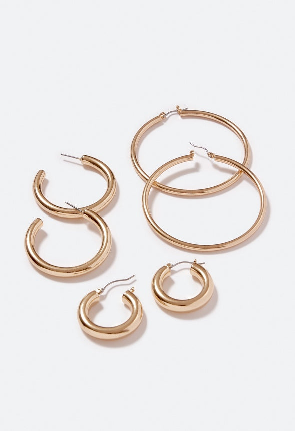 3-Pair Pack Zara Smooth Hoop Earrings Gold