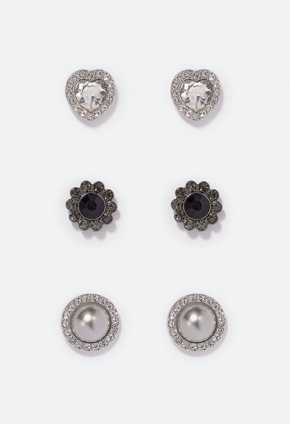 3-Pair Pack Aspyn Glass Stones Stud Earrings Jet/ Cream