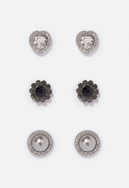 3-Pair Pack Aspyn Glass Stones Stud Earrings Jet/ Cream