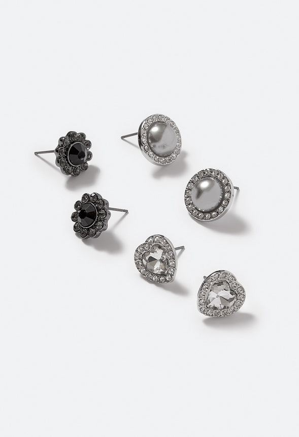 3-Pair Pack Aspyn Glass Stones Stud Earrings Jet/ Cream