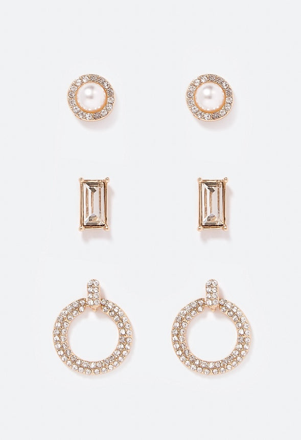 3-Pair Pack Egypt Rhinestone & Pearl Stud Earrings Crystal/ Gold