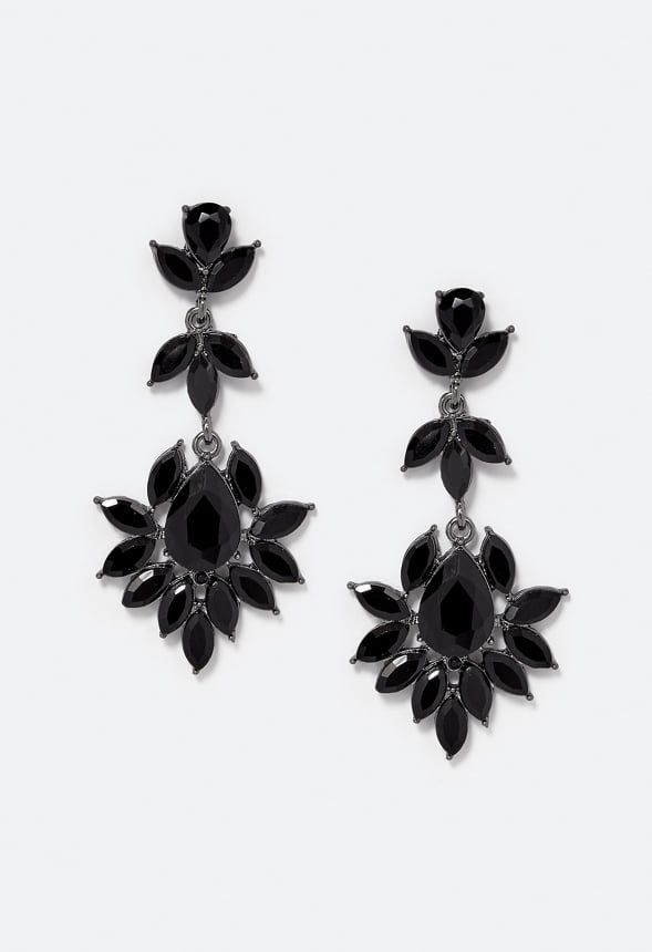 Elina Glass Stones Floral Drop Earrings Jet/ Gunmetal
