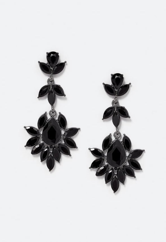 Elina Glass Stones Floral Drop Earrings Jet/ Gunmetal