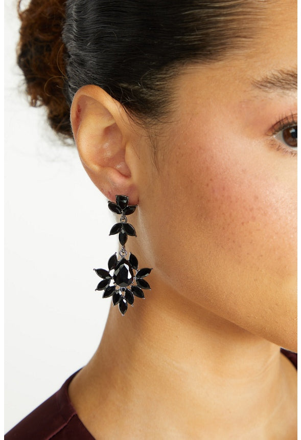 Elina Glass Stones Floral Drop Earrings Jet/ Gunmetal