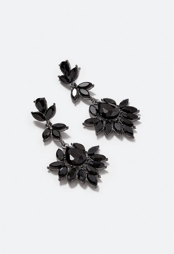 Elina Glass Stones Floral Drop Earrings Jet/ Gunmetal