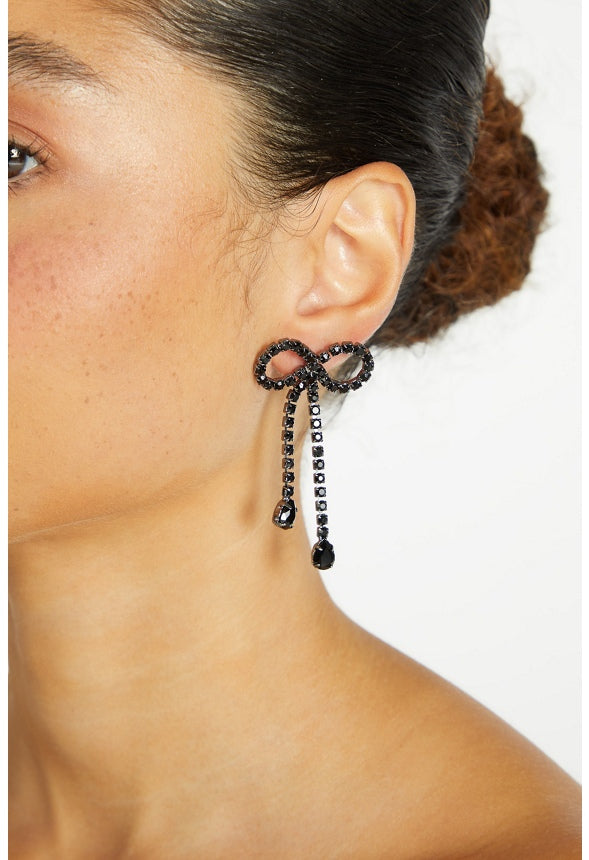 Skye Glass Stones & Teardrop Bow Stud Earrings Jet/ Gunmetal