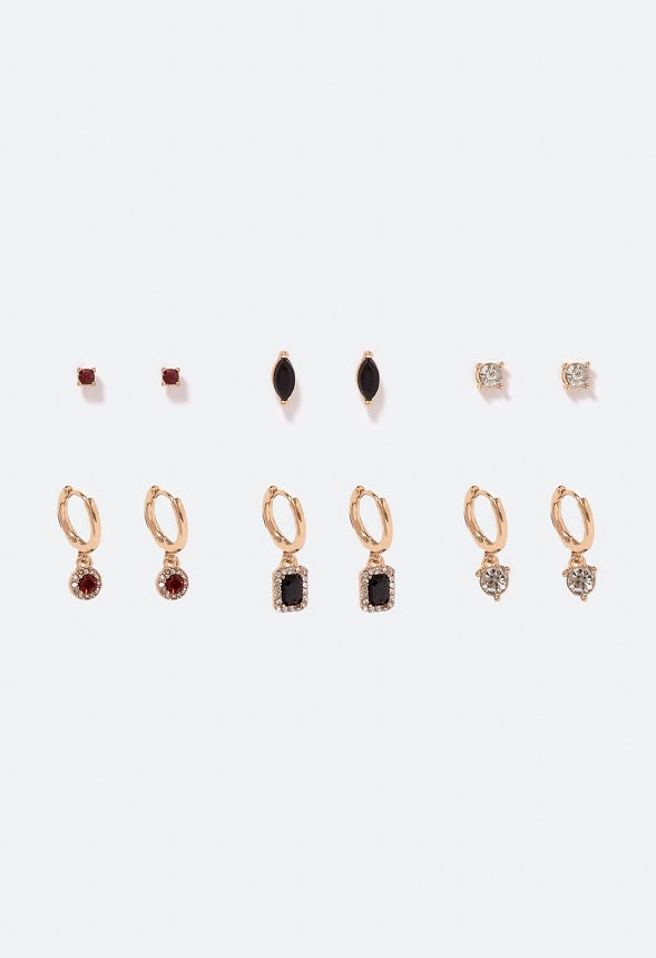 6-Pair Pack Gwen Glass Stones Mix Earrings Red/ Jet/ Crystal