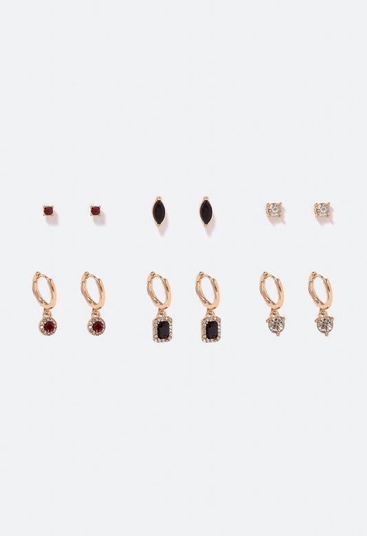 6-Pair Pack Gwen Glass Stones Mix Earrings Red/ Jet/ Crystal